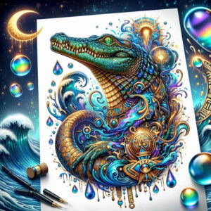 Colorful dragon tattoo design in blue-green and gold, ornate jewelry, waves, droplets, and gears; finished project in color, not black and grey; not specifically for cover-up.