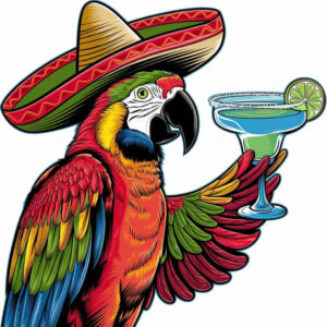 Colorful parrot wearing a sombrero, holding a margarita glass; full-color tattoo project, vibrant illustration, not ideal for cover-up.