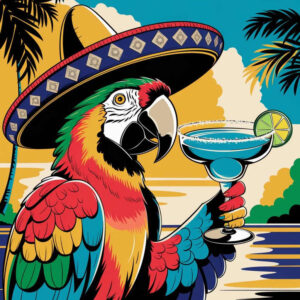 Colorful parrot wearing a wide sombrero, holding a blue margarita glass with lime, set against palm trees and a tropical sunset; AI-generated tattoo project; not a cover-up.