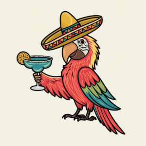 Parrot wearing a sombrero, holding a turquoise margarita glass with lime wedge; colorful plumage in red, yellow, green and blue. Project idea; suitable for a cover-up.