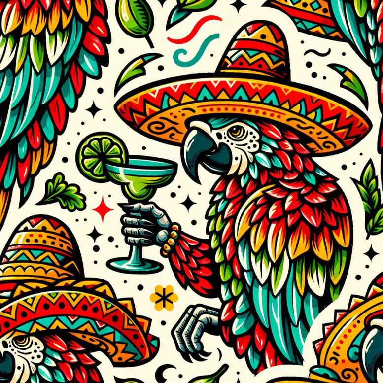 Parrot in bright multicolor plumage wearing patterned sombrero, holding a blue margarita glass with a lime wedge; leaves surround; color tattoo project; not ideal for cover-up.