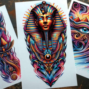 Colorful pharaoh head with striped nemes headdress on white paper; multicolor palette; wing motif and jewel pendant; tattoo design concept; project; not for cover-up.
