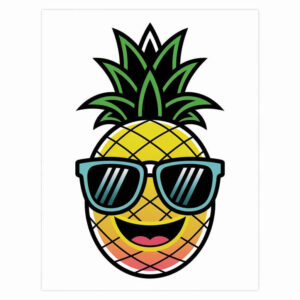 Colorful pineapple wearing teal sunglasses with a lattice pattern across the fruit; full-color tattoo project, not ideal for cover-up.