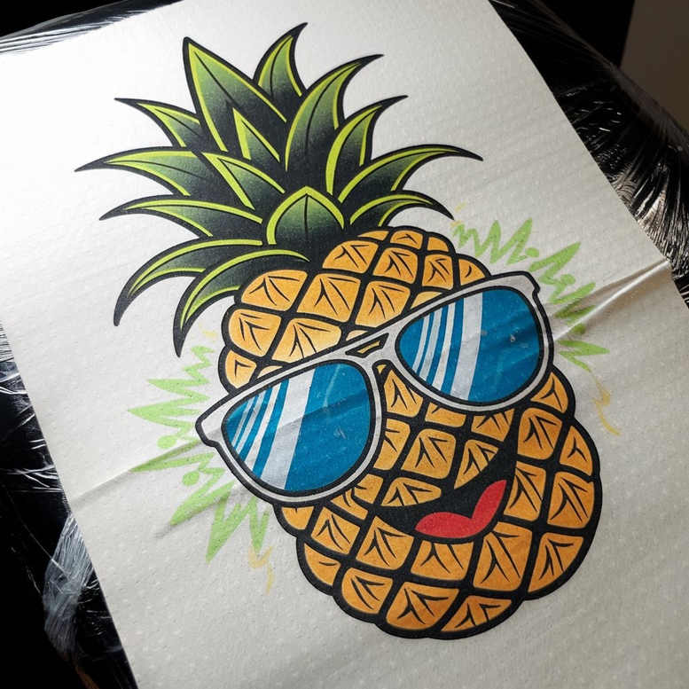 Pineapple with green leaves and blue mirrored sunglasses on a white background; colorful tattoo design concept, AI-generated tattoo project; suitable for cover-up.