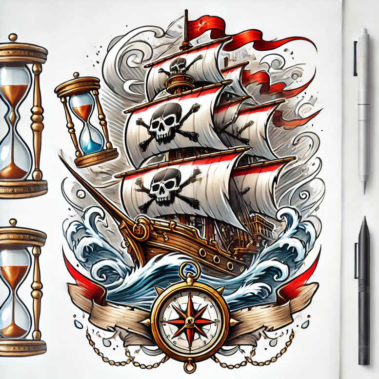 Colorful pirate ship with skulls on sails, waves, compass, banner, and hourglass; full-color tattoo project; suitable for a cover-up.