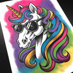 Unicorn head with black sunglasses, white fur, and multicolored rainbow mane; gold horn; watercolor background; color tattoo project idea; not suitable for cover-up.