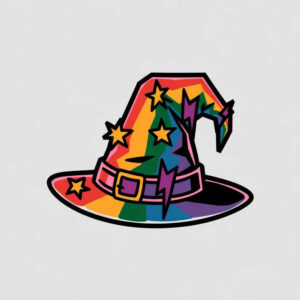 Hat with rainbow color panels and bold black outline; yellow stars; purple belt with buckle; color tattoo project; not suitable for a cover-up.