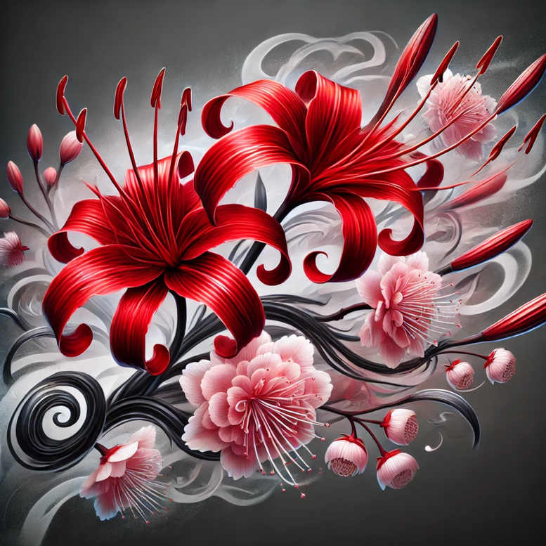 Red lily, pink peony, and black swirl elements on a dark gray backdrop; tattoo design idea; not specifically a cover-up.