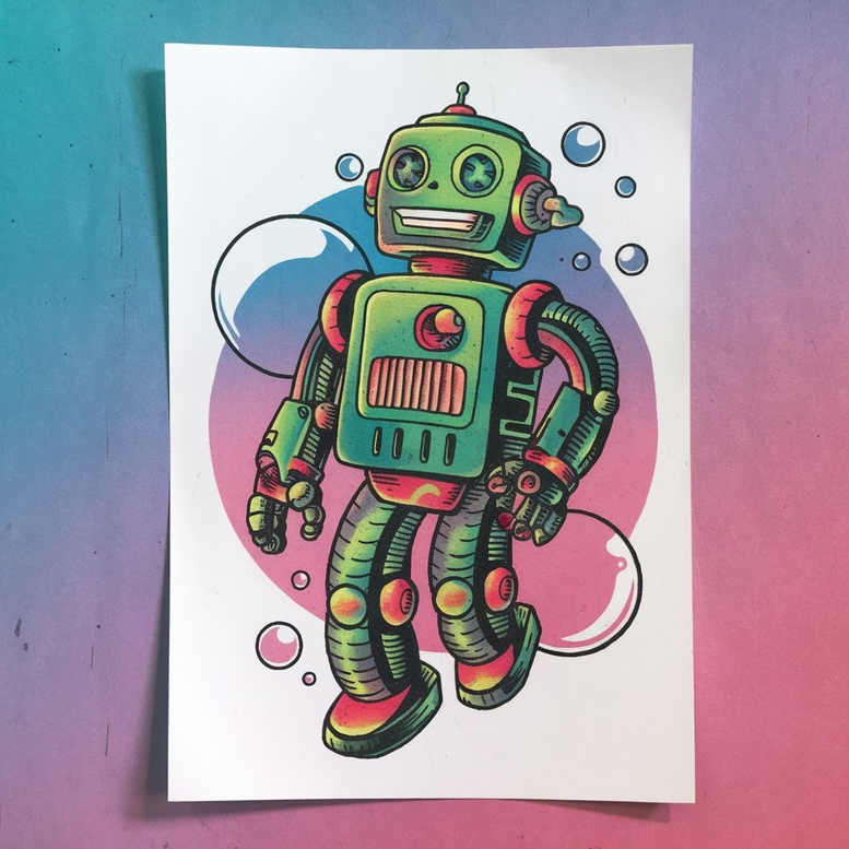 Robot illustration in green, yellow, and red with bubbles; project idea for a tattoo design; AI-generated; not a cover-up.