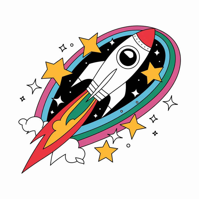 Rocket with rainbow arc, yellow stars, white clouds, and fiery exhaust in bold black outlines; full color tattoo project, not a cover-up.
