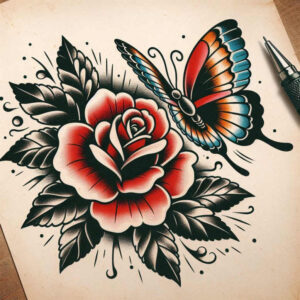 Rose and butterfly tattoo design on parchment-like background; red petals; black and grey leaves; multicolor butterfly; tattoo project concept; not ideal for cover-up.