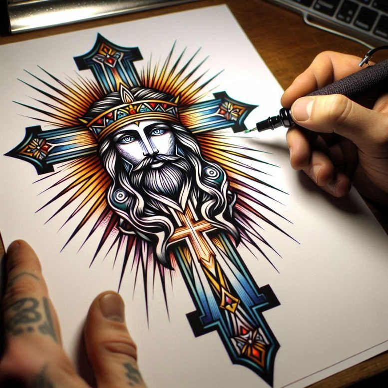 Colored Jesus head with crown and cross, radiant rays, hand and marker over paper; full color tattoo project idea; not a cover-up.