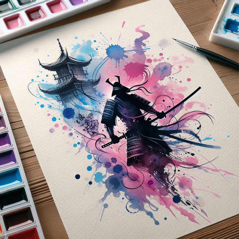 Black silhouette of a samurai with a katana beside a pagoda, surrounded by blue and pink watercolor splashes; tattoo project; not ideal for cover-up.