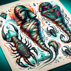Two colorful scorpions wrapped in bandage-like bands with teal, turquoise, orange, and purple highlights; full color tattoo design idea, not intended for cover-up.