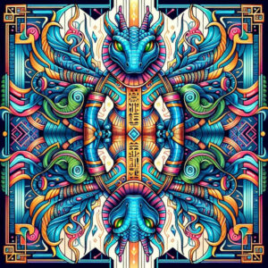 Colorful full-color tattoo design with twin blue dragon heads, twisting tentacles, central glyph column, and ornate border; project idea; not suitable for a cover-up.