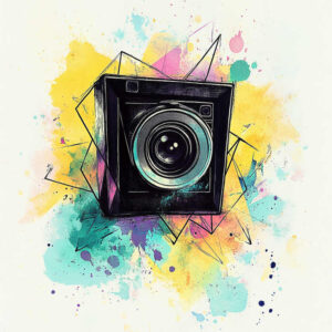 Camera illustration in black with teal highlights, surrounded by multicolor watercolor splashes and geometric line accents; AI-generated tattoo project, cover-up suitable.