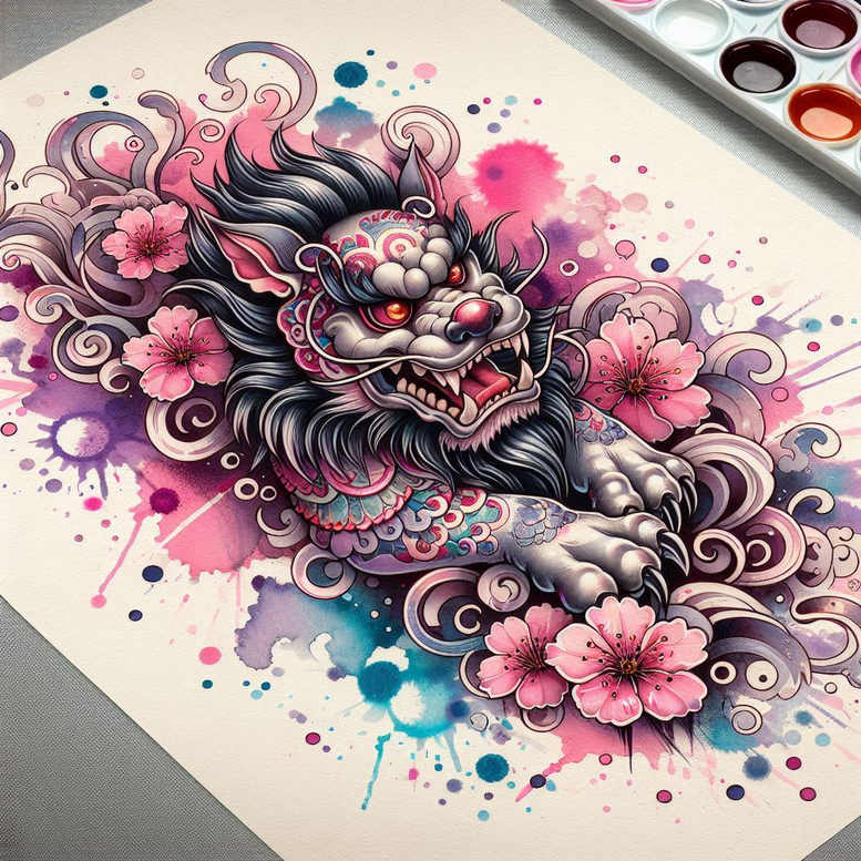 Colorful dragon with pink blossoms, watercolor swirls, and splashes; colored tattoo project; not suitable for cover-up.