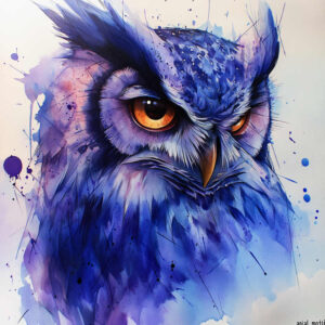 Owl in blue and purple watercolor with orange eyes; full-color tattoo design concept featuring pattern splatters; not a cover-up.