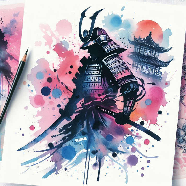 Samurai figure with katana in blue and pink watercolor, splash patterns and a pagoda in the background; full color tattoo project.