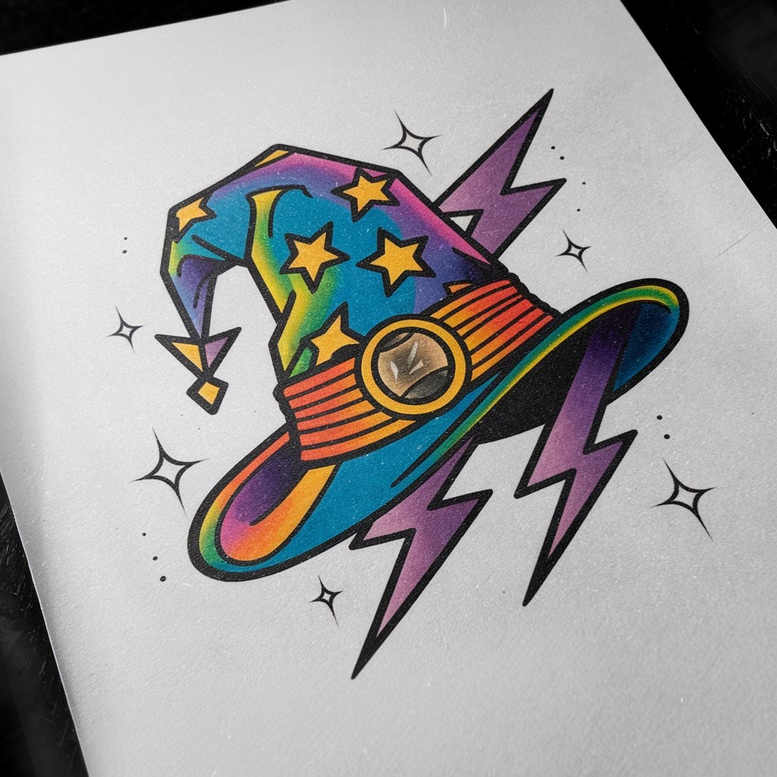 Colorful wizard hat with blue/purple panels, yellow star accents, orange band, gold buckle, purple lightning bolt, and ribbon; color tattoo design concept; project; not suitable for cover-up.