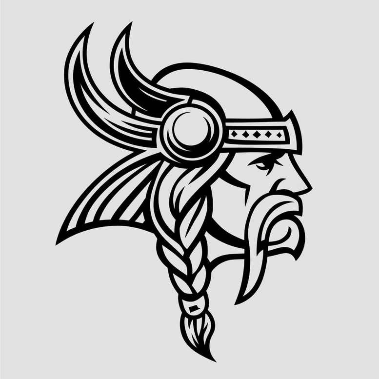 Black ink Viking head with horned helmet, braided hair, and beard in bold linework; black and grey tattoo design idea, pattern-focused and not specifically for cover-up.