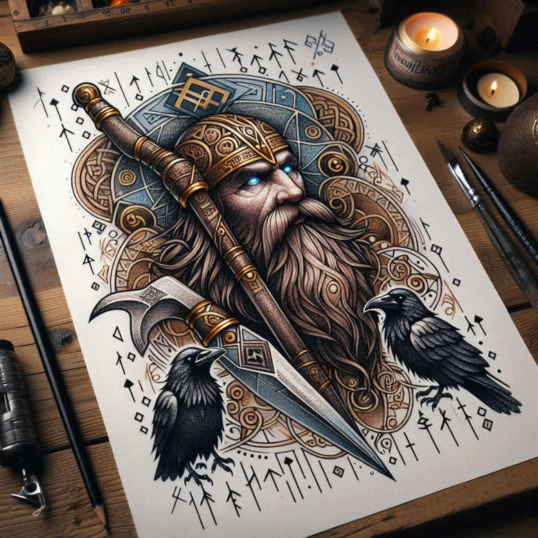 Odin-inspired color tattoo design featuring a bearded god with helmet and spear, two ravens, arcane runes, and blue-brown shading; project idea, color, cover-up suitability.
