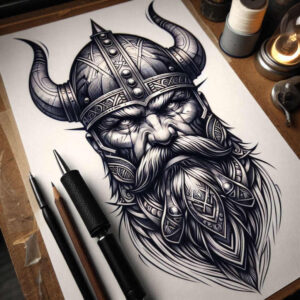 Viking helmet with horns, long beard, eyes and mustache in black and grey; tattoo design concept; project.