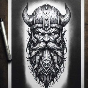 Viking helmet with horns, face, and a detailed black-and-grey beard pattern; tattoo project, cover-up-ready.