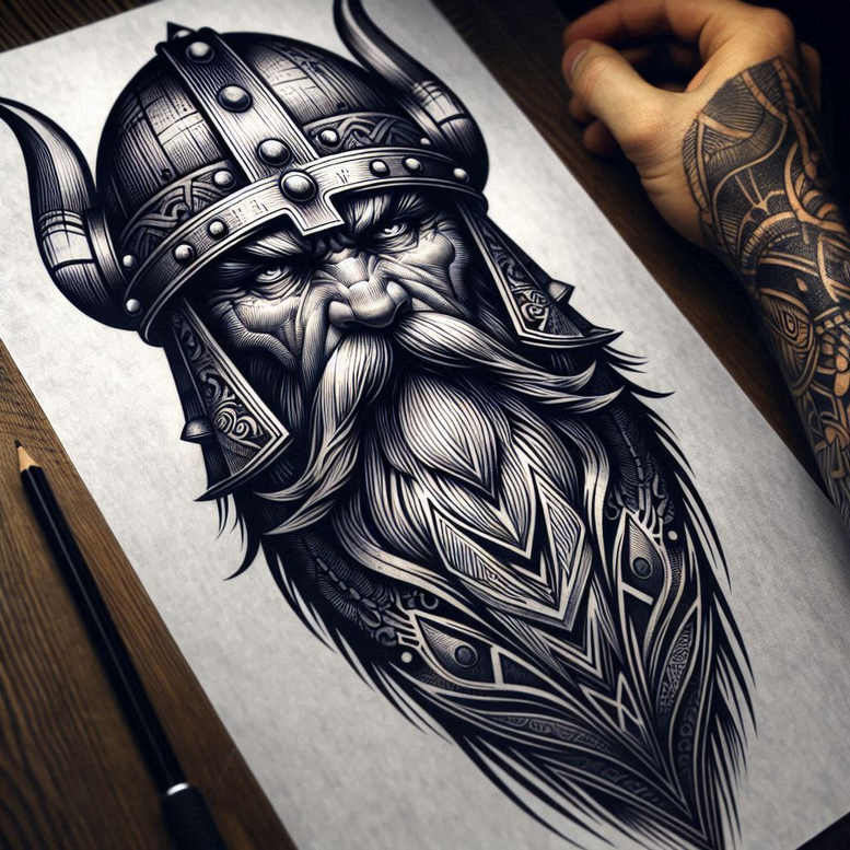Viking king bust in black and grey with ornate helmet, long beard, and geometric pattern fill; tattoo design concept, AI-generated tattoo project, suitable for cover-up.