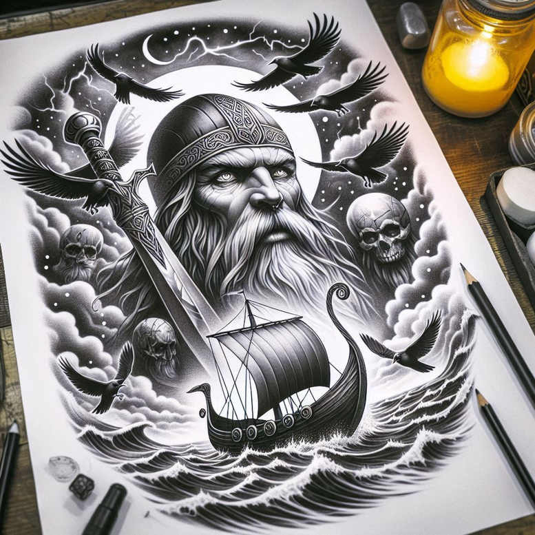 Black and grey Odin-inspired longship tattoo design idea featuring a bearded figure on deck, circling ravens, and turbulent waves; project/idea, cover-up suitable.
