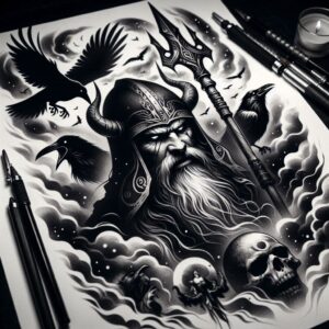 Black and grey tattoo design showing a horned helmet, bearded warrior, trident, raven, skull, clouds, and moon; a cover-up-ready project.