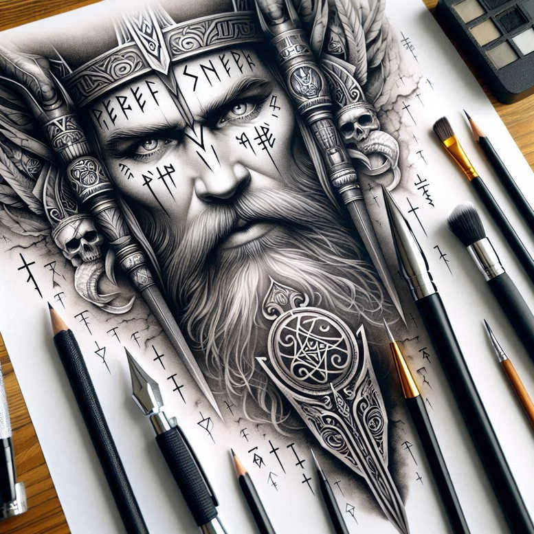 Black and grey Odin portrait concept with runic forehead markings and circular pendant; flat lay with tattoo tools; cover-up ready.