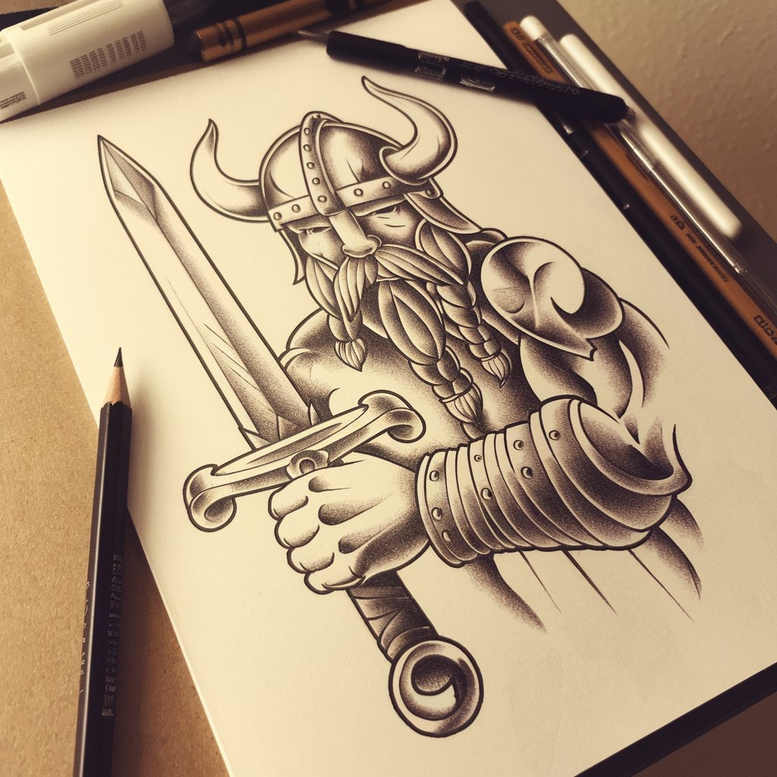 Viking warrior with horned helmet, braided beard, and gauntlet gripping a sword; black and grey sketch on paper; tattoo project idea; suitable for cover-up.