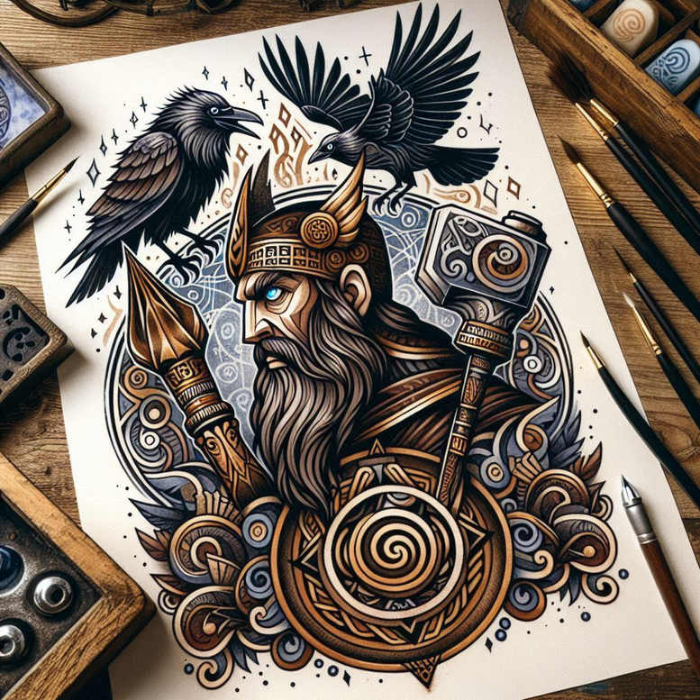 Odin-inspired figure with helmet and beard, two ravens, shield and spear in bold black-and-grey with blue accents; concept idea, cover-up ready.