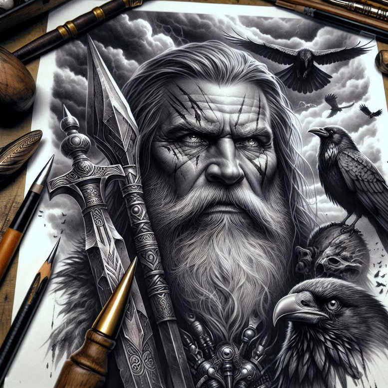 Odin All-Father in black and grey study with spear and raven, a tattoo design concept, project idea, suitable for cover-up.