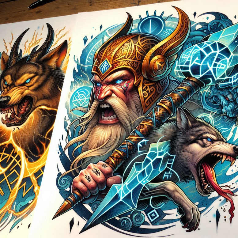 Color tattoo depicting Odin-inspired Norse imagery with a central bearded god, helmet, two wolves on either side, runes, and icy blue accents; AI-generated concept, not a cover-up.