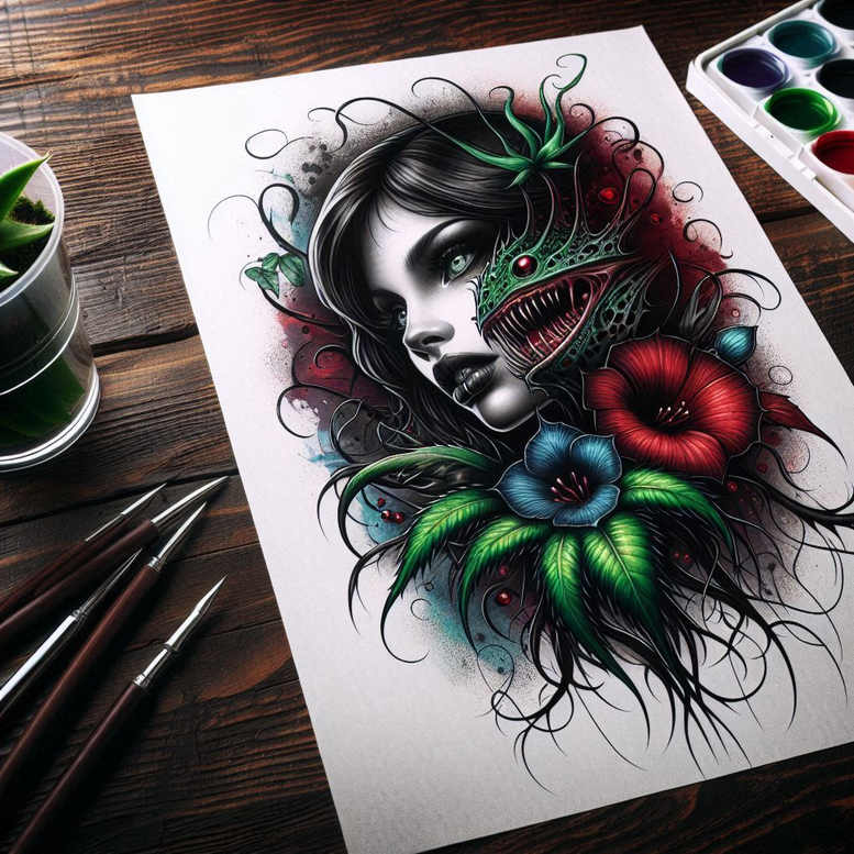 Colorful tattoo project featuring a woman's portrait with flowing black hair, red and blue flowers, and green leaves intertwined with a menacing creature; color tattoo design concept; cover-up: no.