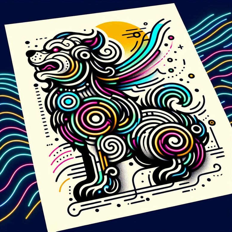 Colorful geometric dog with spirals and circles in neon colors on a white canvas; black ink outlines; AI-generated tattoo project; not a cover-up.