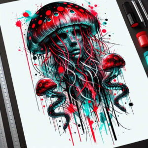 Jellyfish, tentacle, and paint splash in teal, red, and black on white background; color tattoo design concept; not a cover-up.