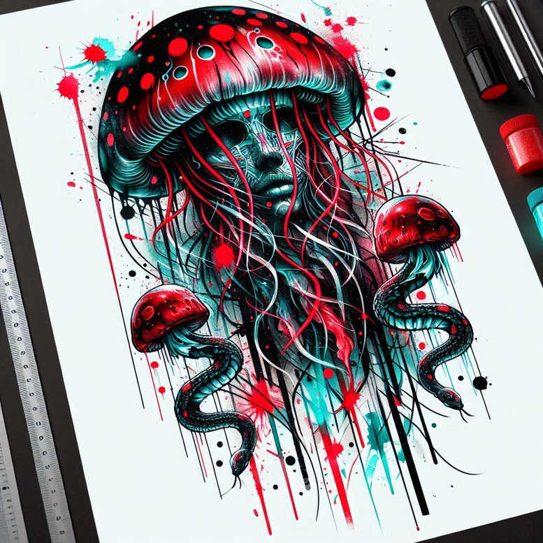 Jellyfish, tentacle, and paint splash in teal, red, and black on white background; color tattoo design concept; not a cover-up.