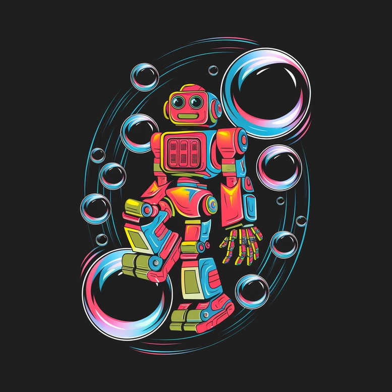 Colorful neon robot on a black background with circular bubbles and sweeping rings; full-color tattoo project ready for a cover-up.