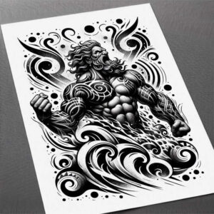Black and grey concept tattoo depicting Poseidon with a trident among curling waves and sea foam; AI-generated idea for a cover-up.