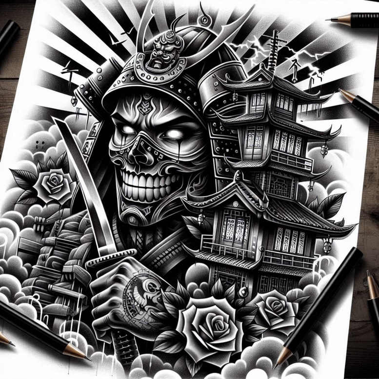 warriors-asia tattoo design ideas classic shading Ronin path for upper chest