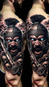 hoplite-with-shield-neotraditional-bold-highlights-for-hip – tattoo design ideas free ai generated – Gallery: warriors-greece-inkby-ai