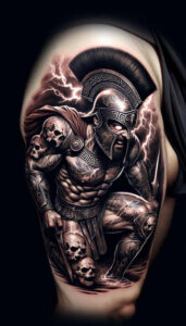 hoplite-with-3d-effect-surrealism-fluid-forms-for-lower-thigh – tattoo design ideas free ai generated – Gallery: warriors-greece-inkby-ai