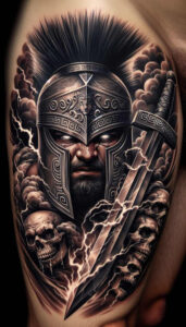 spartans-neotraditional-deep-blacks-for-behind-ear – tattoo design ideas free ai generated – Gallery: warriors-greece-inkby-ai