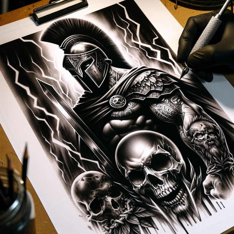 warriors-greece tattoo design ideas geometric heroic stance for upper thigh