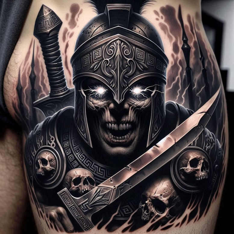 warriors-greece tattoo design ideas Realism photo-like tattoo spear force represents resilience
