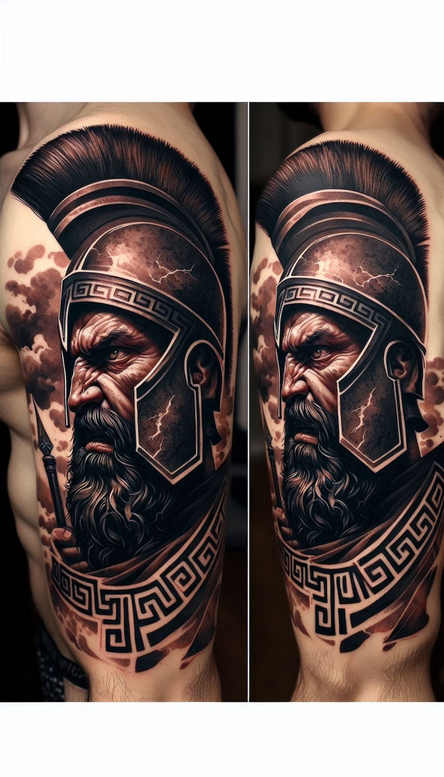 hoplite-bravery-motif-neotraditional-soft-blending-for-upper-chest – tattoo design ideas free ai generated – Gallery: warriors-greece-inkby-ai