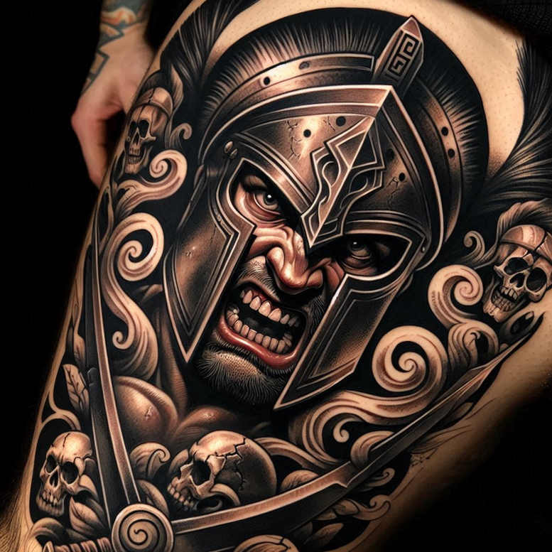 spartan-with-battle-motif-neotraditional-bold-texture-for-upper-arm – tattoo design ideas free ai generated – Gallery: warriors-inkby-ai